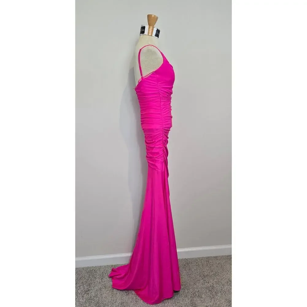 Jamie Formal Neon Pink Fitted Cowl Neck Mermaid Long Dress Sz XS - Picture 3 of 10